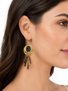 Egyptian Style Aztec with Blue Stone Hook Earrings